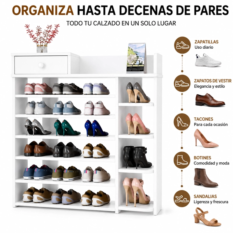 ZAPATERO ORGANIZADOR DE MADERA 8 NIVELES CON CAJON Y REPISAS LATERALES GRAN CAPACIDAD 100X24X106 - 2