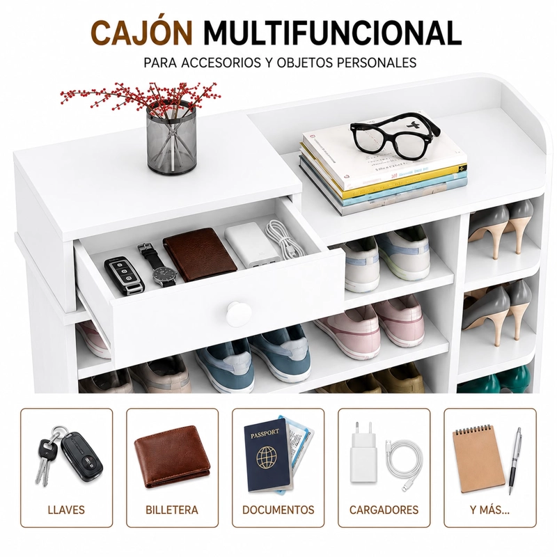ZAPATERO ORGANIZADOR DE MADERA 8 NIVELES CON CAJON Y REPISAS LATERALES GRAN CAPACIDAD 100X24X106 - 3