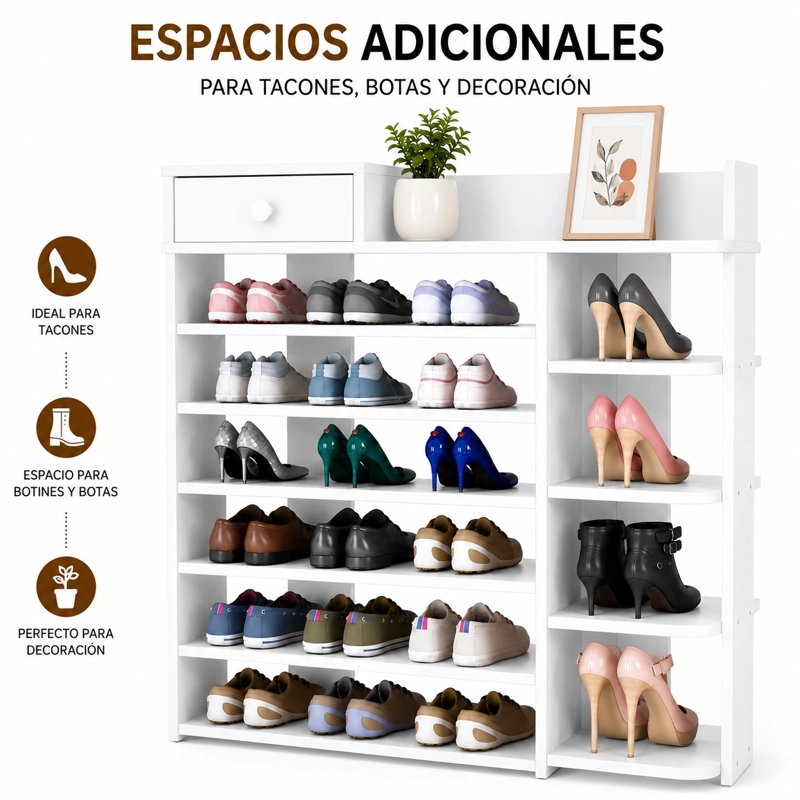 ZAPATERO ORGANIZADOR DE MADERA 8 NIVELES CON CAJON Y REPISAS LATERALES GRAN CAPACIDAD 100X24X106 - 4
