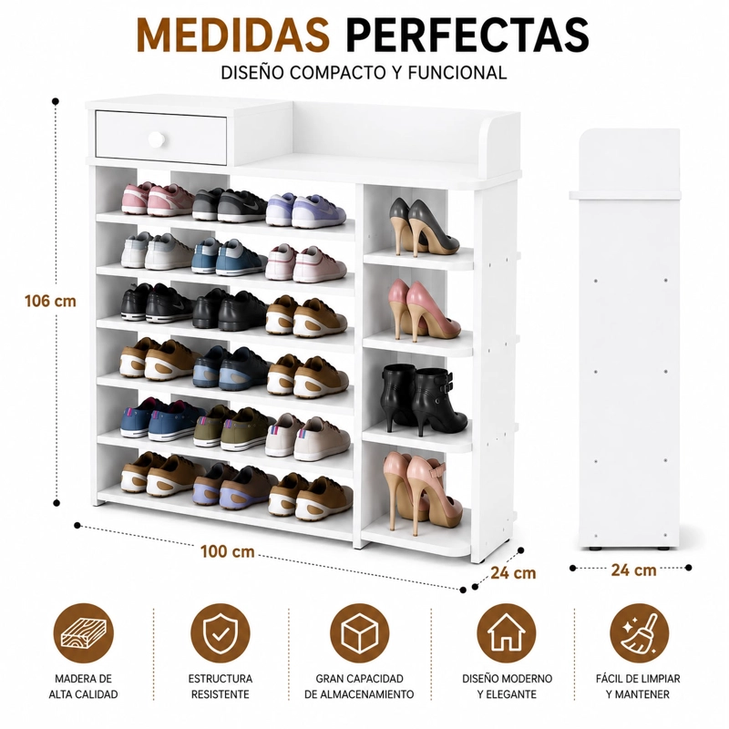 ZAPATERO ORGANIZADOR DE MADERA 8 NIVELES CON CAJON Y REPISAS LATERALES GRAN CAPACIDAD 100X24X106 - 6