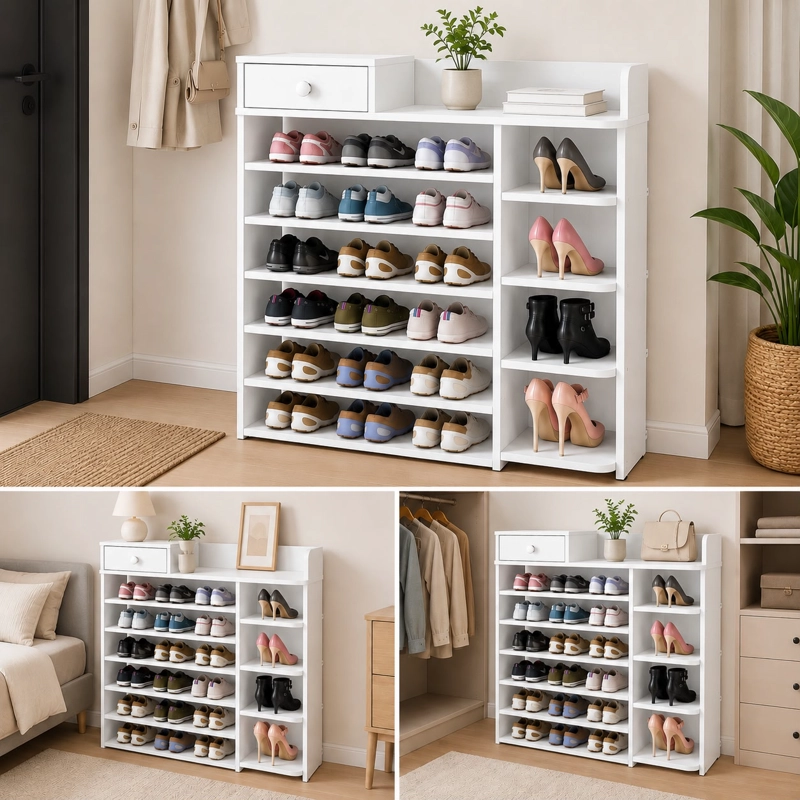 ZAPATERO ORGANIZADOR DE MADERA 8 NIVELES CON CAJON Y REPISAS LATERALES GRAN CAPACIDAD 100X24X106 - 7