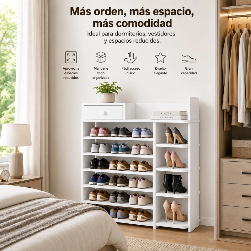 ZAPATERO ORGANIZADOR DE MADERA 8 NIVELES CON CAJON Y REPISAS LATERALES GRAN CAPACIDAD 100X24X106 - 8