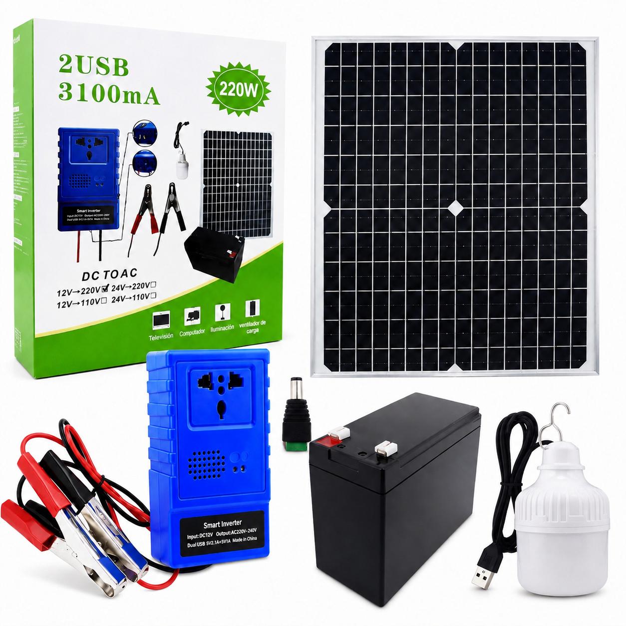 KIT EMERGENCIA ENERGIA SOLAR PORTATIL PANEL 20W INVERSOR 220W BATERIA 12V 7AH 2 USB ENCHUFE UNIVERSA - 1