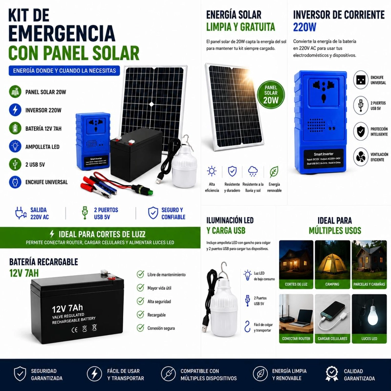 KIT EMERGENCIA ENERGIA SOLAR PORTATIL PANEL 20W INVERSOR 220W BATERIA 12V 7AH 2 USB ENCHUFE UNIVERSA - 2