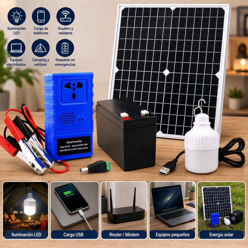 KIT EMERGENCIA ENERGIA SOLAR PORTATIL PANEL 20W INVERSOR 220W BATERIA 12V 7AH 2 USB ENCHUFE UNIVERSA - 3