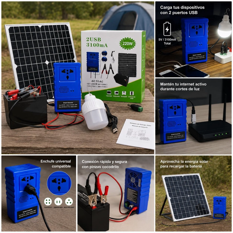 KIT EMERGENCIA ENERGIA SOLAR PORTATIL PANEL 20W INVERSOR 220W BATERIA 12V 7AH 2 USB ENCHUFE UNIVERSA - 4