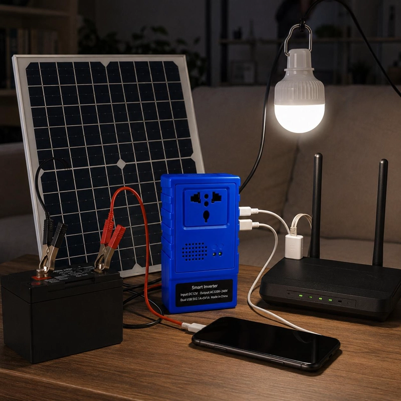 KIT EMERGENCIA ENERGIA SOLAR PORTATIL PANEL 20W INVERSOR 220W BATERIA 12V 7AH 2 USB ENCHUFE UNIVERSA - 5