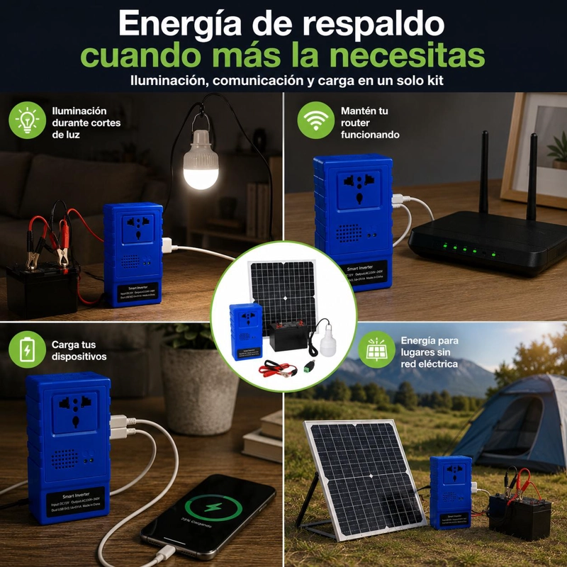 KIT EMERGENCIA ENERGIA SOLAR PORTATIL PANEL 20W INVERSOR 220W BATERIA 12V 7AH 2 USB ENCHUFE UNIVERSA - 6