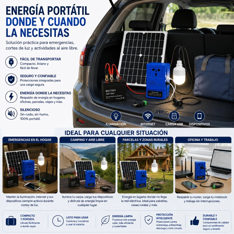 KIT EMERGENCIA ENERGIA SOLAR PORTATIL PANEL 20W INVERSOR 220W BATERIA 12V 7AH 2 USB ENCHUFE UNIVERSA - 7