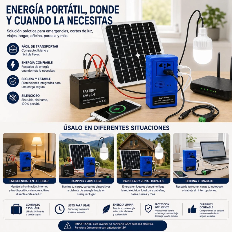 KIT EMERGENCIA ENERGIA SOLAR PORTATIL PANEL 20W INVERSOR 220W BATERIA 12V 7AH 2 USB ENCHUFE UNIVERSA - 8