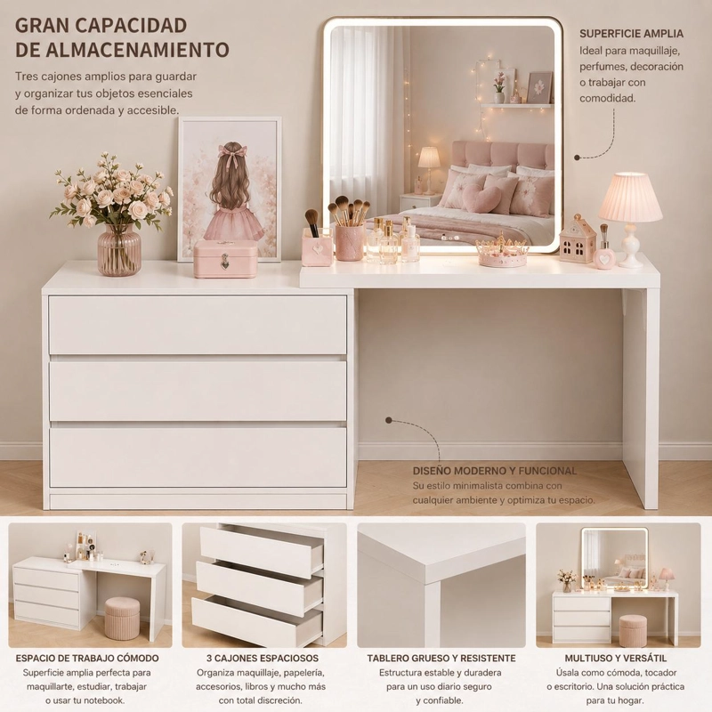 COMODA TOCADOR INFANTIL JUVENIL BLANCA CON 3 CAJONES Y DISEÑO COMPACTO PARA DORMITORIO - 3