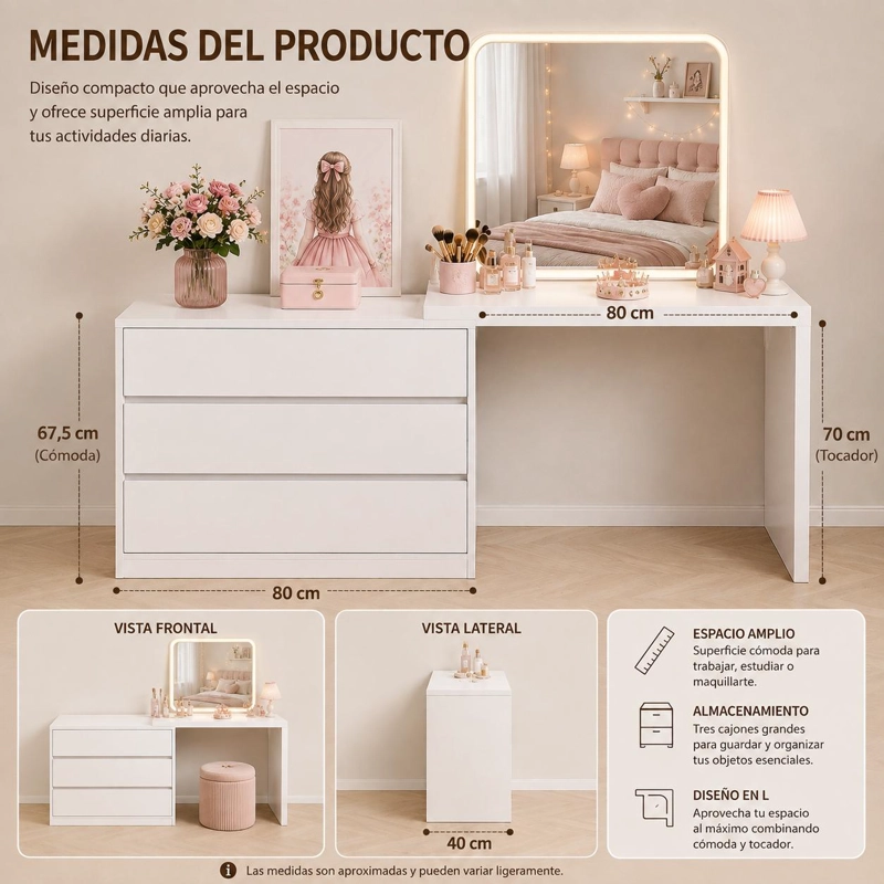 COMODA TOCADOR INFANTIL JUVENIL BLANCA CON 3 CAJONES Y DISEÑO COMPACTO PARA DORMITORIO - 4