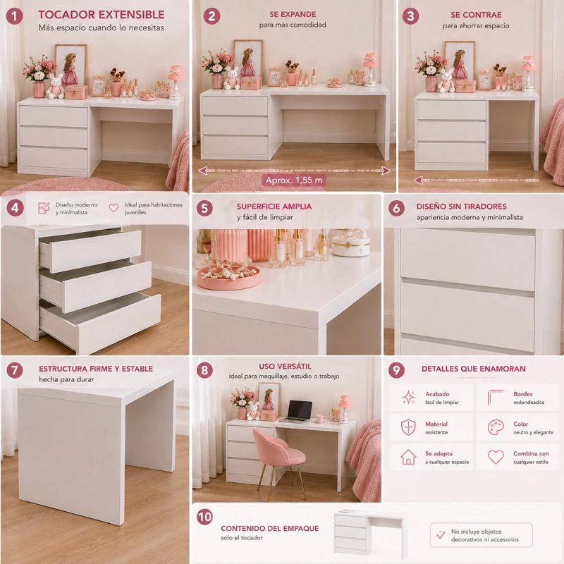 COMODA TOCADOR INFANTIL JUVENIL BLANCA CON 3 CAJONES Y DISEÑO COMPACTO PARA DORMITORIO - 6