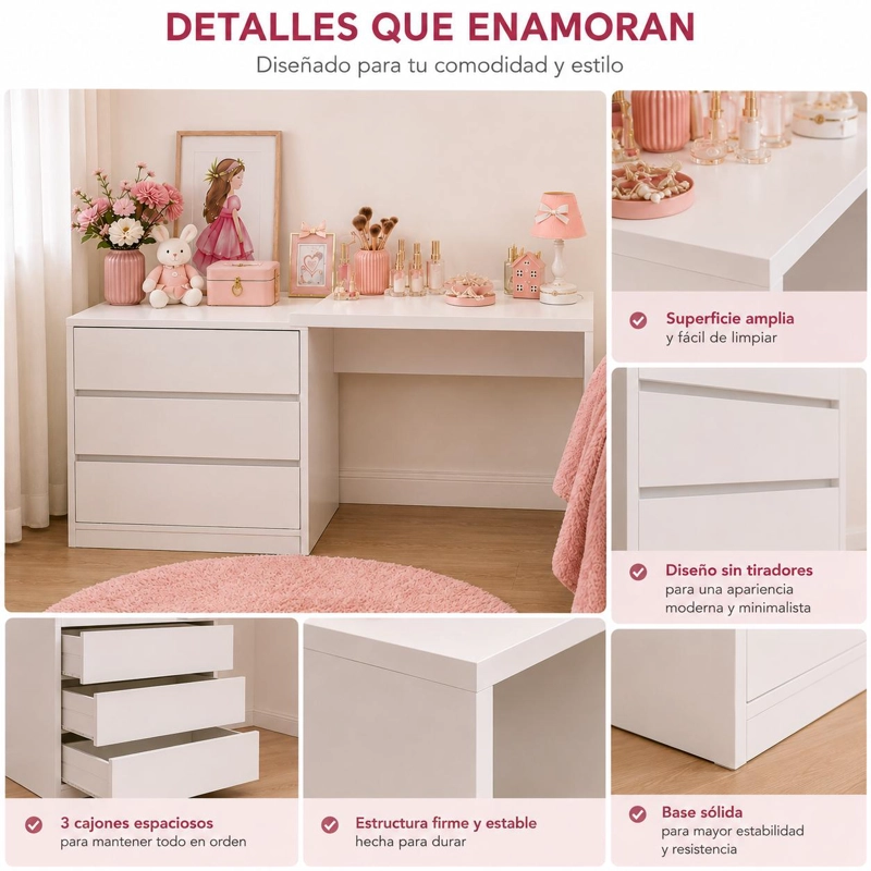 COMODA TOCADOR INFANTIL JUVENIL BLANCA CON 3 CAJONES Y DISEÑO COMPACTO PARA DORMITORIO - 7