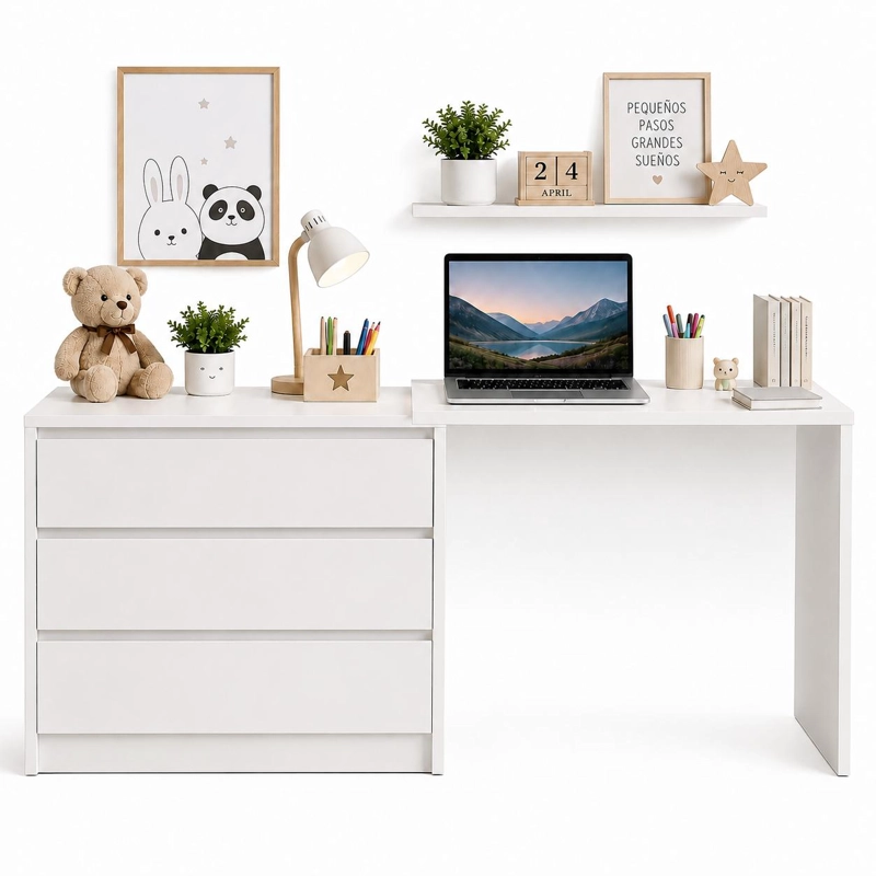 MUEBLE INFANTIL COMODA Y ESCRITORIO BLANCO CALIDO CON 3 CAJONES Y DISEÑO EXTENSIBLE - 1