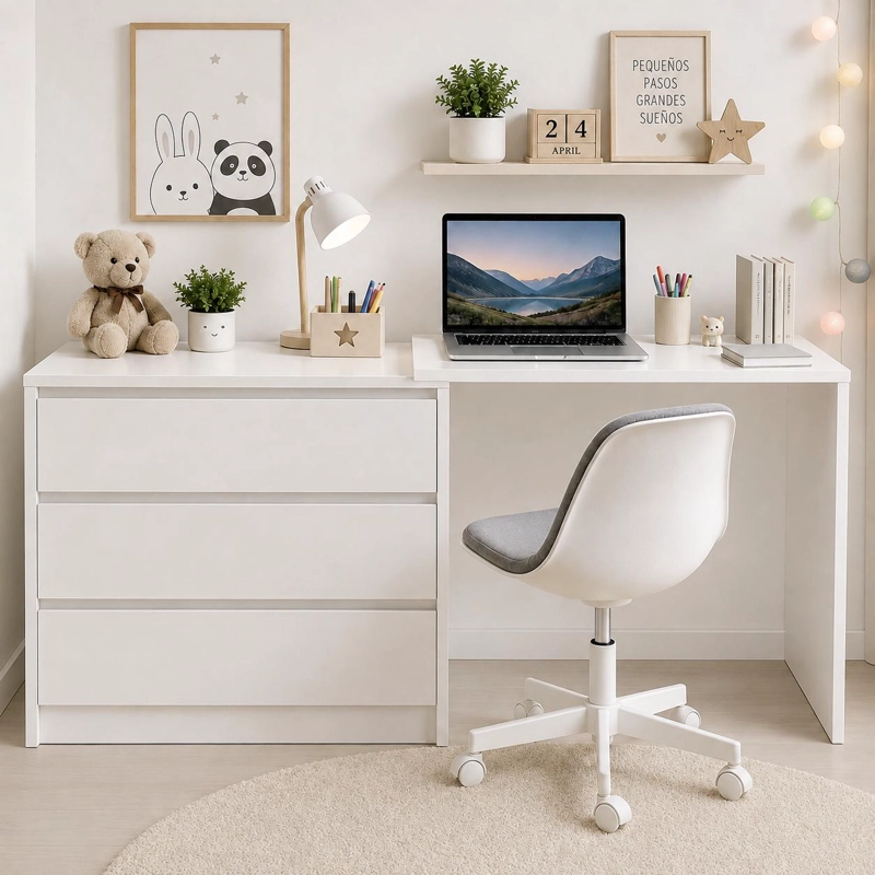MUEBLE INFANTIL COMODA Y ESCRITORIO BLANCO CALIDO CON 3 CAJONES Y DISEÑO EXTENSIBLE - 2