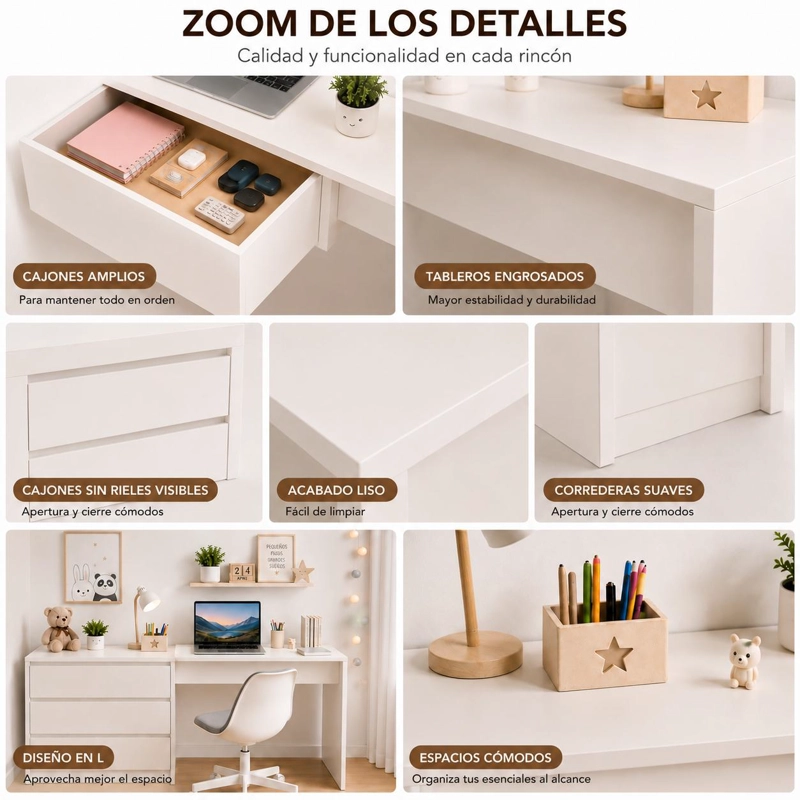 MUEBLE INFANTIL COMODA Y ESCRITORIO BLANCO CALIDO CON 3 CAJONES Y DISEÑO EXTENSIBLE - 3