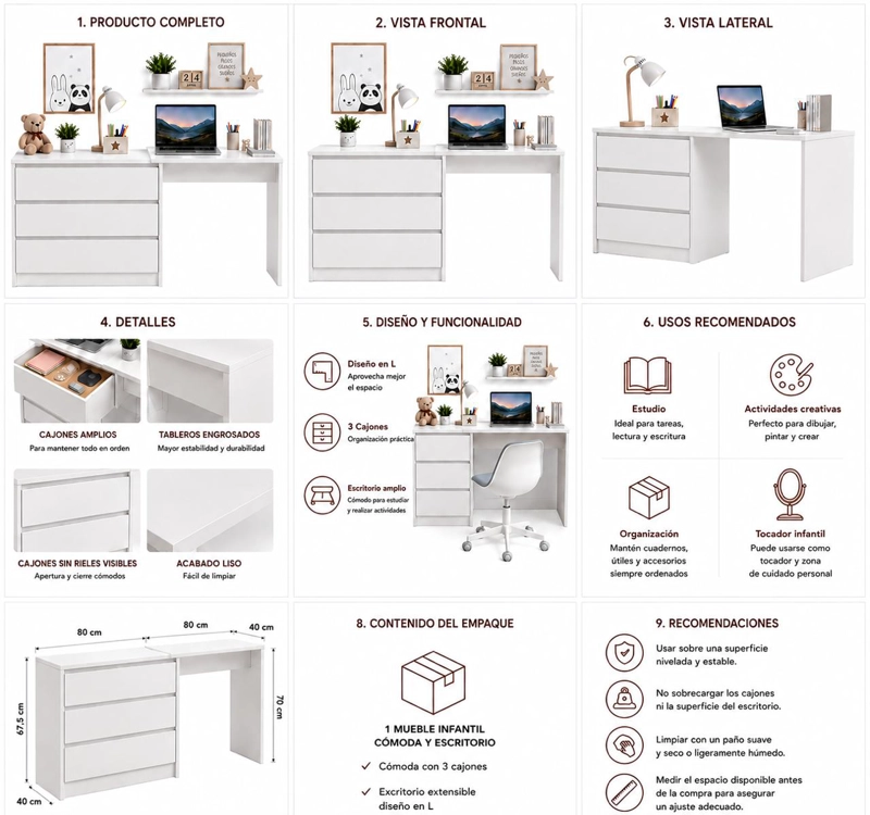MUEBLE INFANTIL COMODA Y ESCRITORIO BLANCO CALIDO CON 3 CAJONES Y DISEÑO EXTENSIBLE - 4
