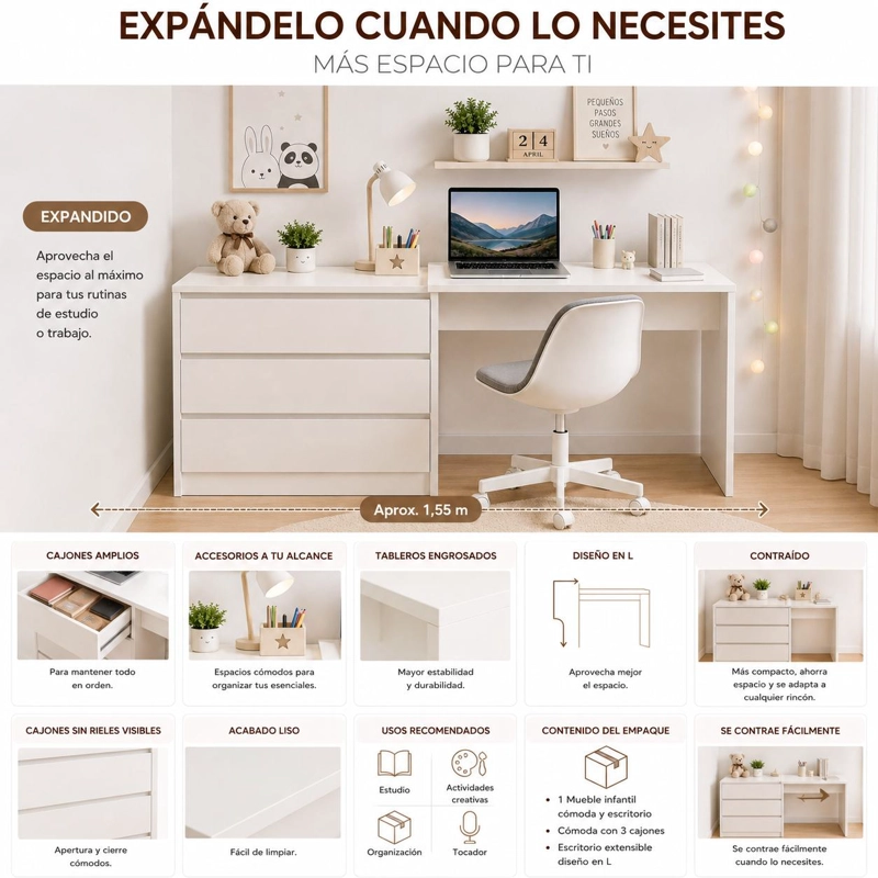 MUEBLE INFANTIL COMODA Y ESCRITORIO BLANCO CALIDO CON 3 CAJONES Y DISEÑO EXTENSIBLE - 5