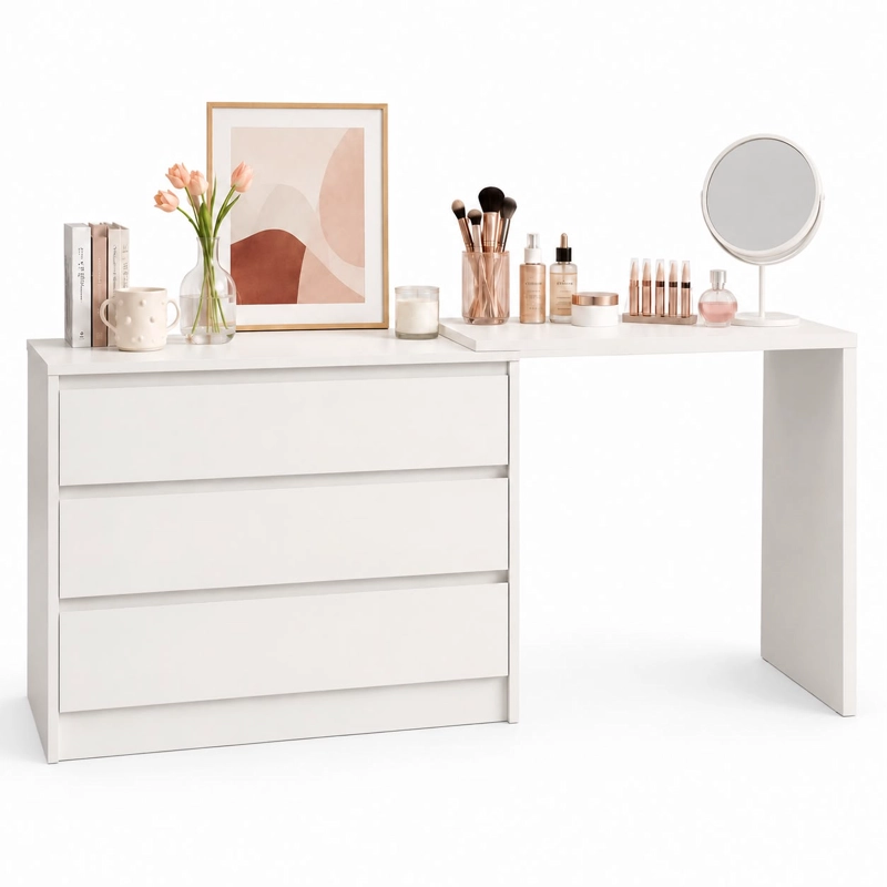 COMODA Y TOCADOR EXTENSIBLE BLANCO CALIDO CON 3 CAJONES - 1