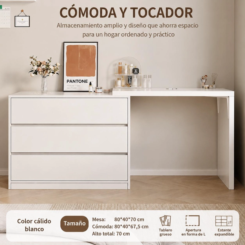 COMODA Y TOCADOR EXTENSIBLE BLANCO CALIDO CON 3 CAJONES - 2