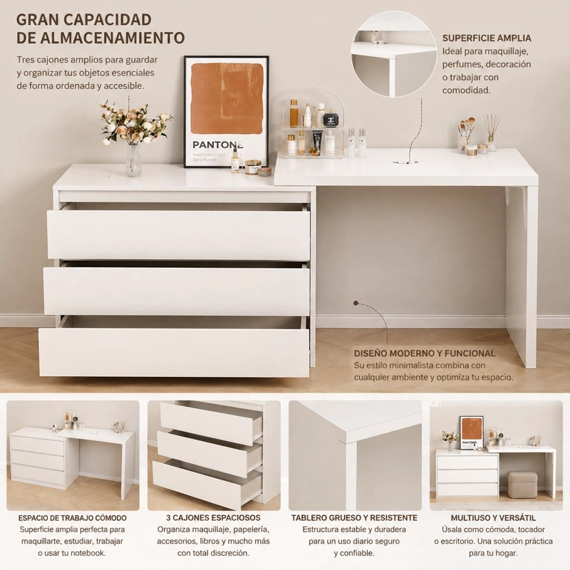 COMODA Y TOCADOR EXTENSIBLE BLANCO CALIDO CON 3 CAJONES - 3
