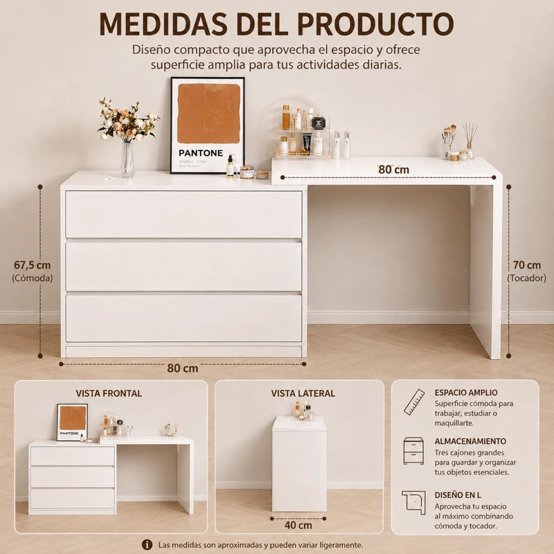 COMODA Y TOCADOR EXTENSIBLE BLANCO CALIDO CON 3 CAJONES - 4
