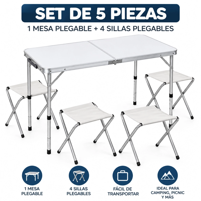 SET MESA PLEGABLE PORTATIL CAMPING PICNIC 120X60 CM ALTURA REGULABLE + 4 SILLAS PLEGABLES - 2