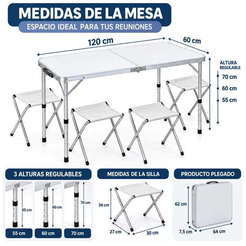 SET MESA PLEGABLE PORTATIL CAMPING PICNIC 120X60 CM ALTURA REGULABLE + 4 SILLAS PLEGABLES - 3
