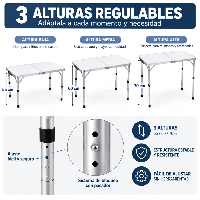 SET MESA PLEGABLE PORTATIL CAMPING PICNIC 120X60 CM ALTURA REGULABLE + 4 SILLAS PLEGABLES - 4