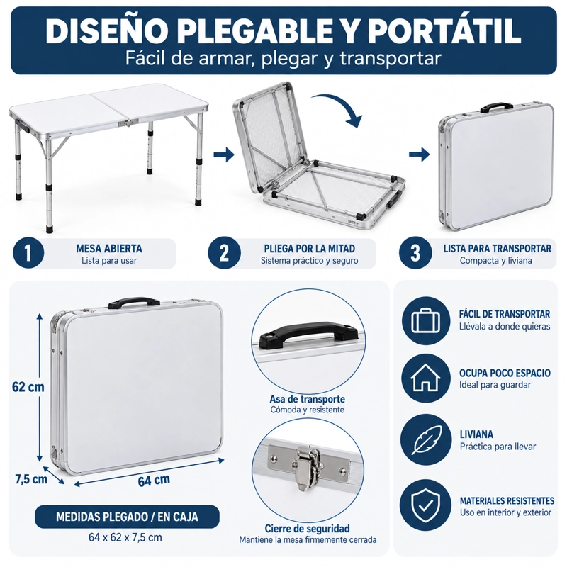 SET MESA PLEGABLE PORTATIL CAMPING PICNIC 120X60 CM ALTURA REGULABLE + 4 SILLAS PLEGABLES - 5