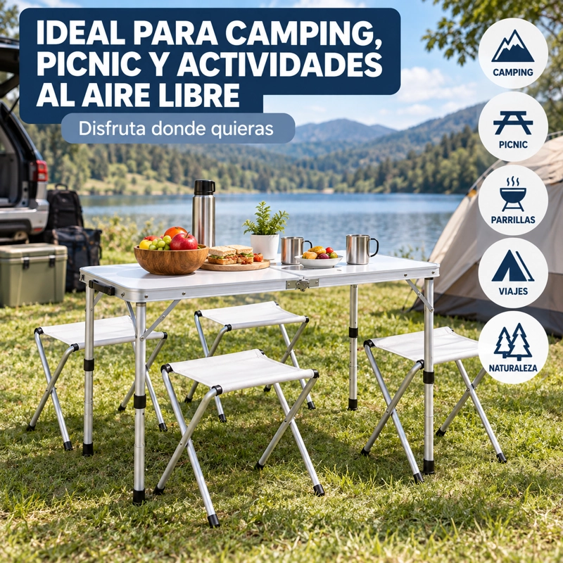 SET MESA PLEGABLE PORTATIL CAMPING PICNIC 120X60 CM ALTURA REGULABLE + 4 SILLAS PLEGABLES - 6
