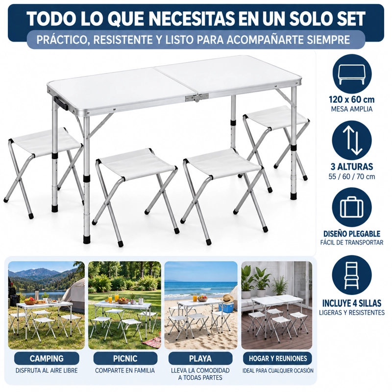 SET MESA PLEGABLE PORTATIL CAMPING PICNIC 120X60 CM ALTURA REGULABLE + 4 SILLAS PLEGABLES - 7