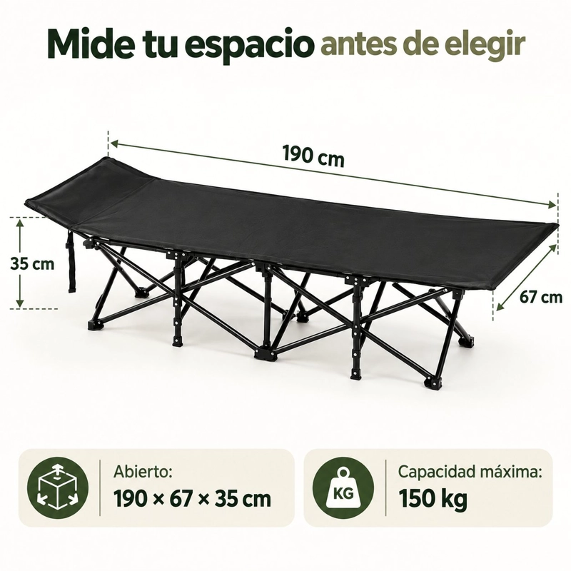 CATRE CAMA DE CAMPING PLEGABLE 190X67X35 CM CON BOLSA DE TRANSPORTE Y TELA OXFORD 600D HASTA 150 KG - 3