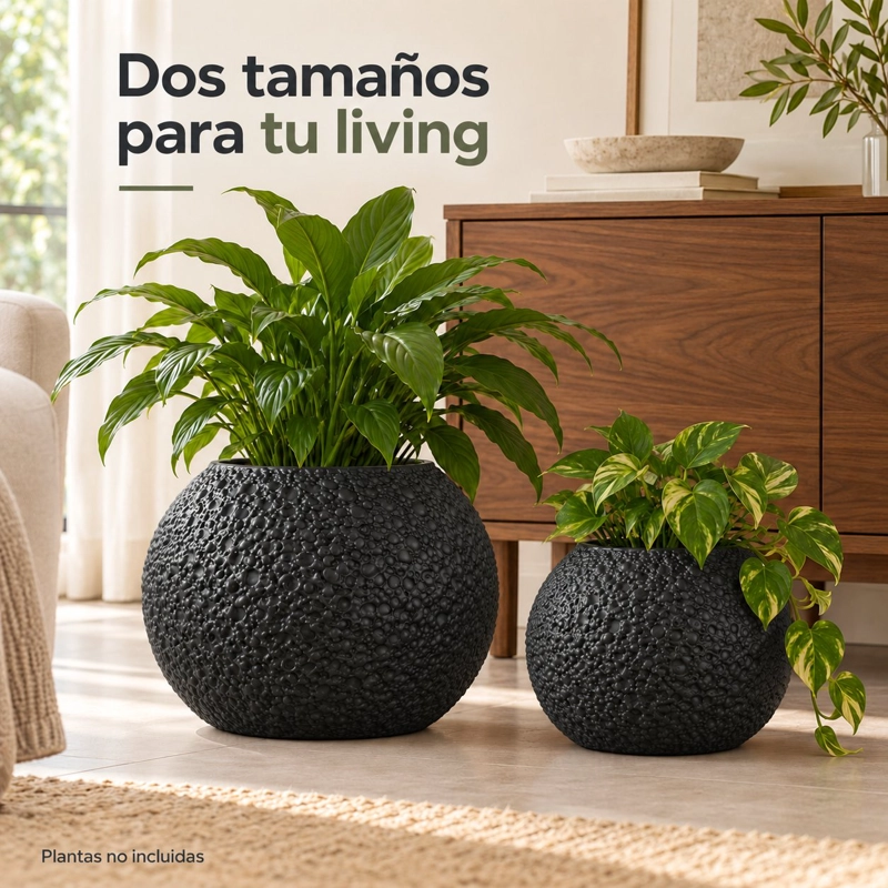 SET 2 MACETEROS NEGROS DE PVC REDONDOS CON RELIEVE PARA PLANTAS Y DECORACION DE LIVING - 2
