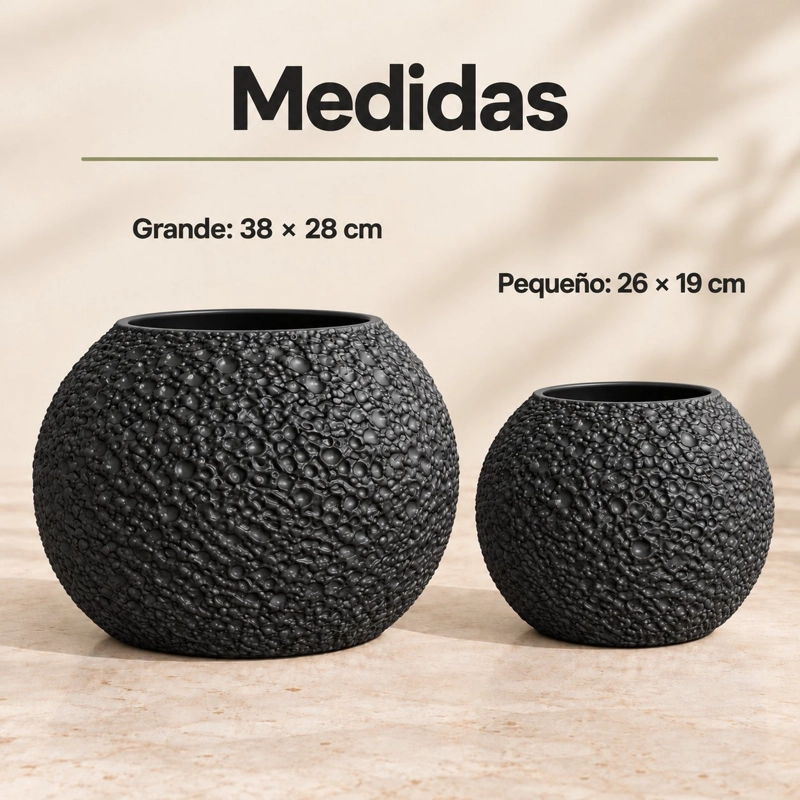 SET 2 MACETEROS NEGROS DE PVC REDONDOS CON RELIEVE PARA PLANTAS Y DECORACION DE LIVING - 3