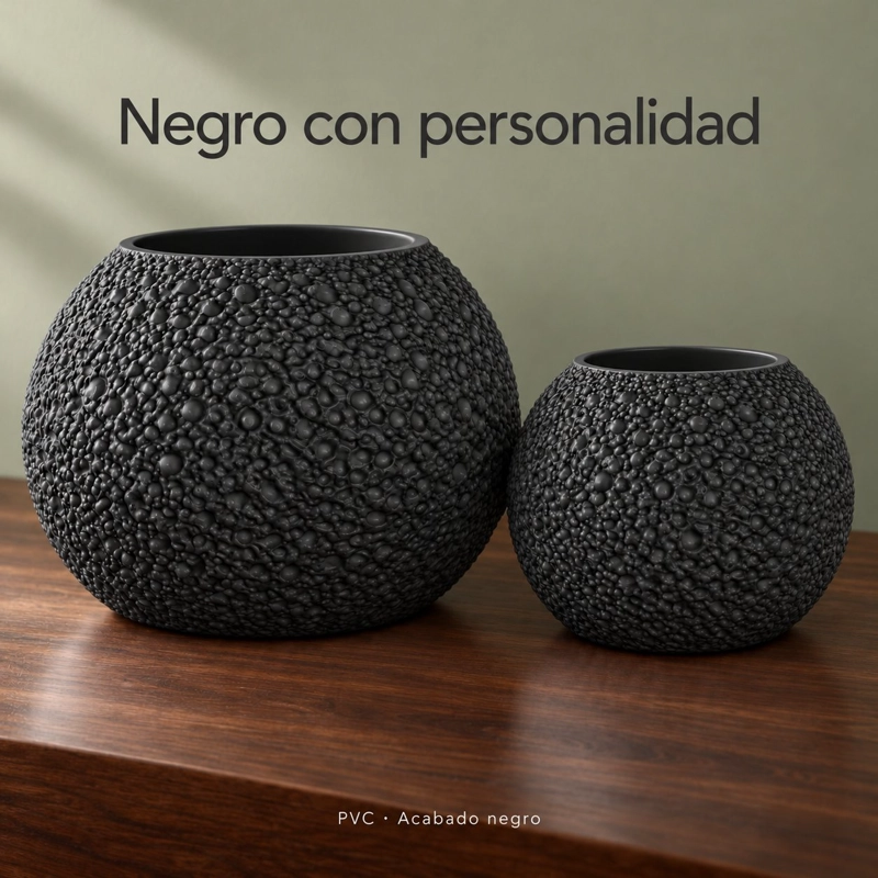 SET 2 MACETEROS NEGROS DE PVC REDONDOS CON RELIEVE PARA PLANTAS Y DECORACION DE LIVING - 5