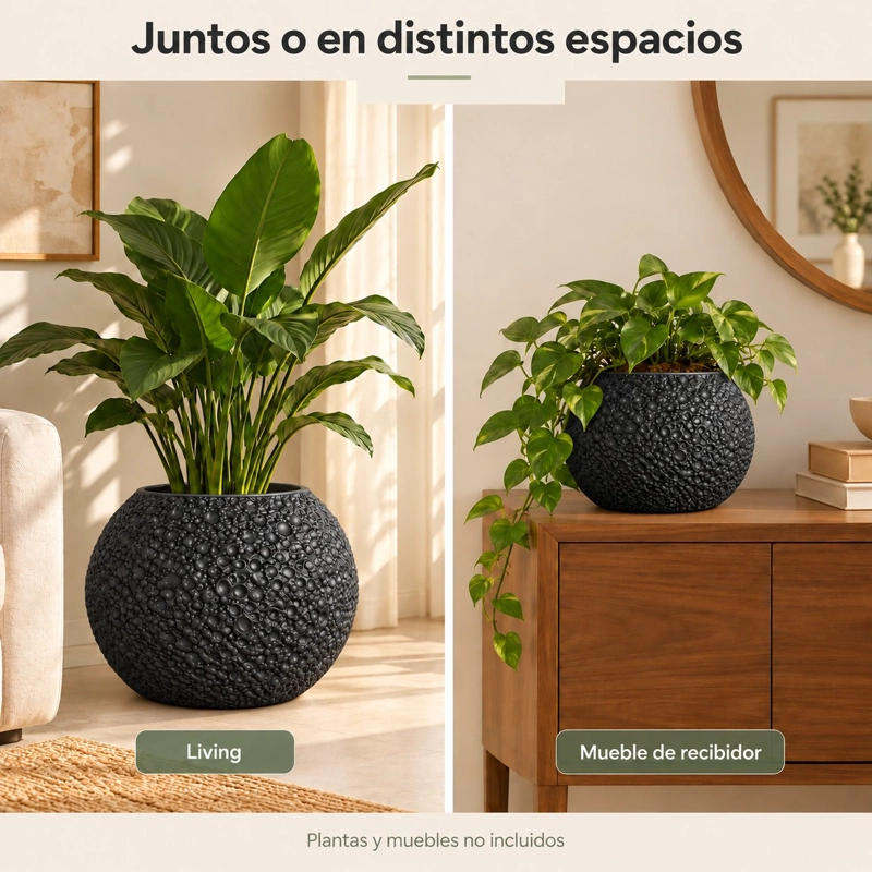 SET 2 MACETEROS NEGROS DE PVC REDONDOS CON RELIEVE PARA PLANTAS Y DECORACION DE LIVING - 6