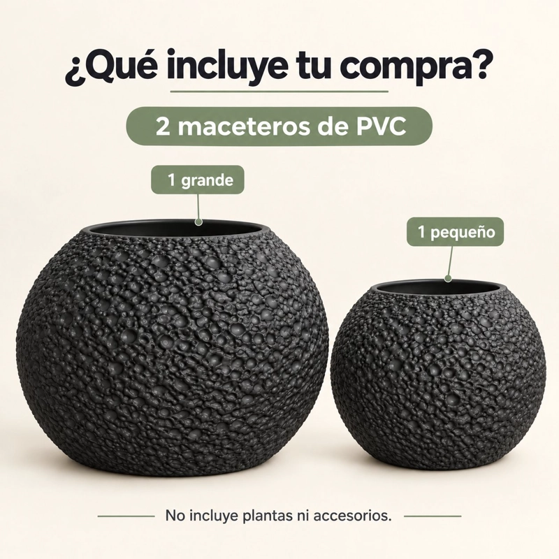 SET 2 MACETEROS NEGROS DE PVC REDONDOS CON RELIEVE PARA PLANTAS Y DECORACION DE LIVING - 7