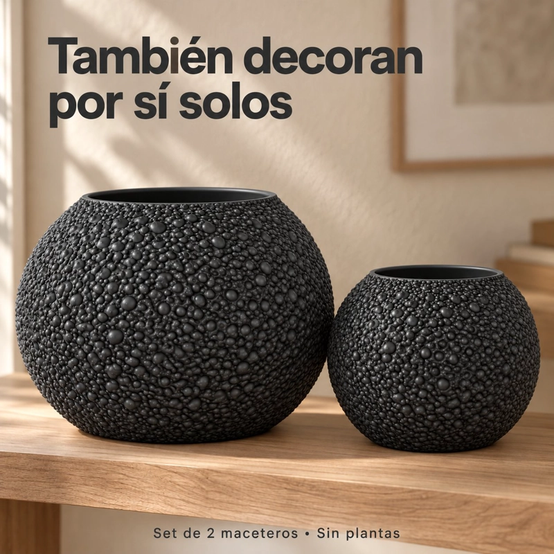SET 2 MACETEROS NEGROS DE PVC REDONDOS CON RELIEVE PARA PLANTAS Y DECORACION DE LIVING - 8