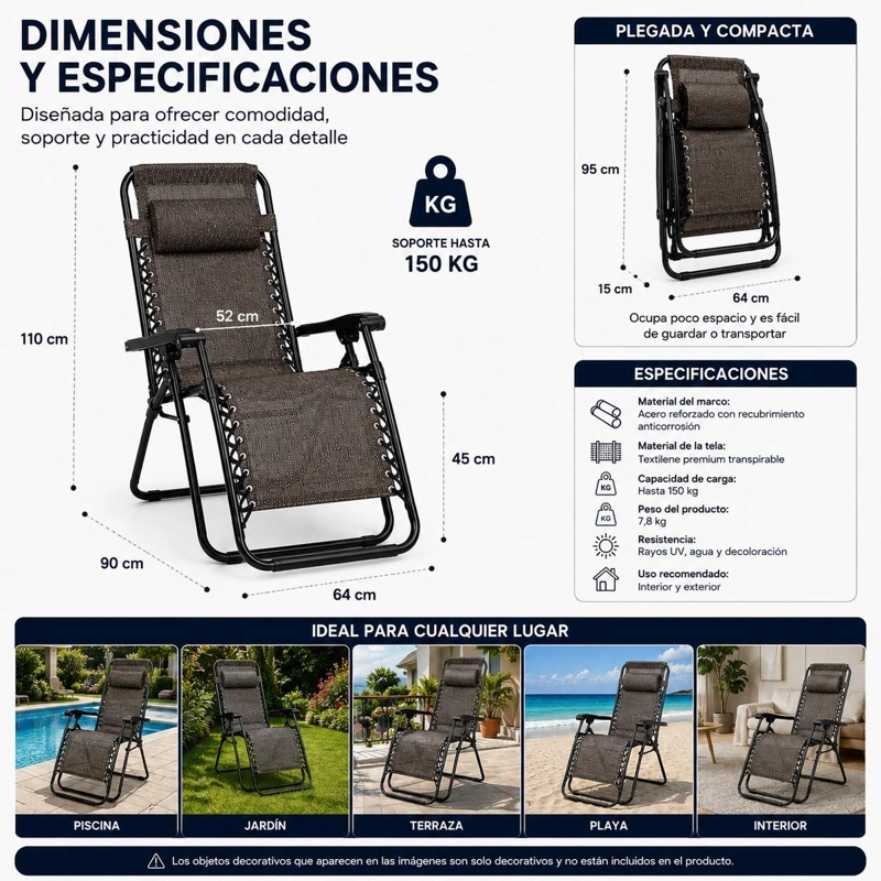 PACK 2 REPOSERAS ZERO GRAVITY PLEGABLES RECLINABLES REFORZADAS TERRAZA PLAYA CAMPING - 2