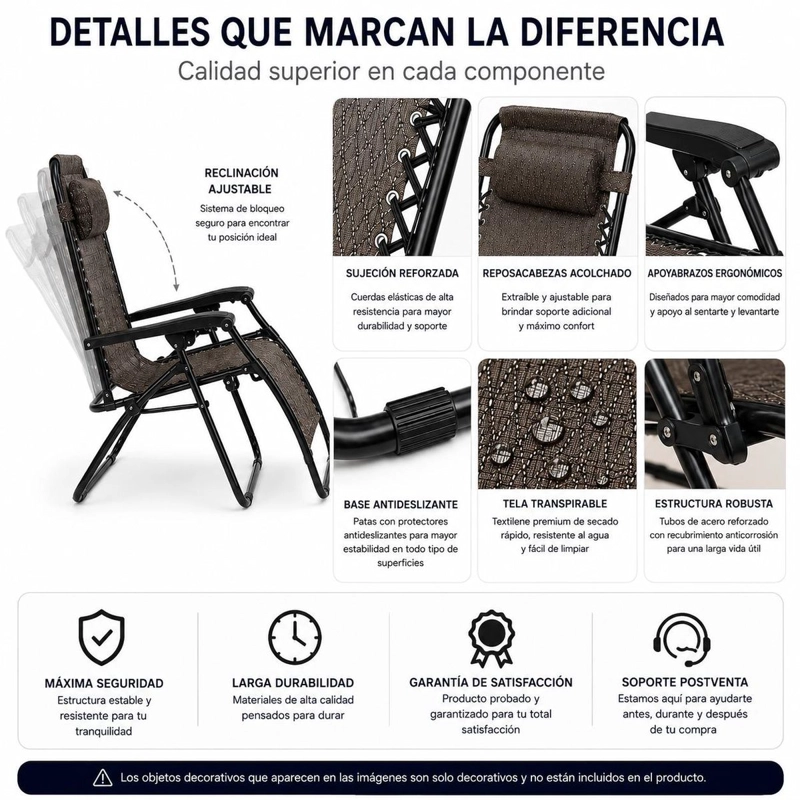 PACK 2 REPOSERAS ZERO GRAVITY PLEGABLES RECLINABLES REFORZADAS TERRAZA PLAYA CAMPING - 3