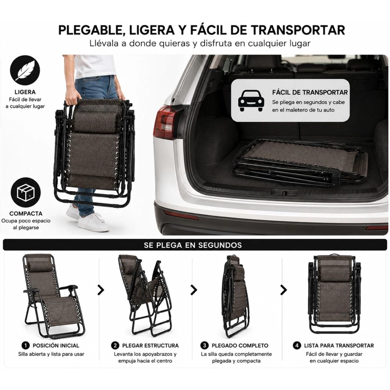 PACK 2 REPOSERAS ZERO GRAVITY PLEGABLES RECLINABLES REFORZADAS TERRAZA PLAYA CAMPING - 4