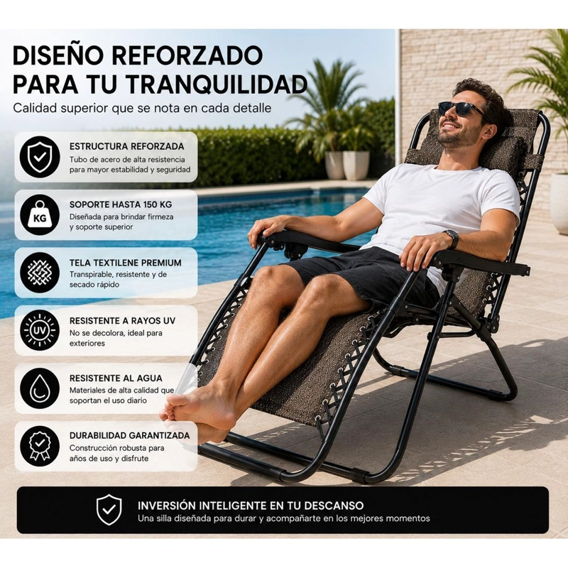PACK 2 REPOSERAS ZERO GRAVITY PLEGABLES RECLINABLES REFORZADAS TERRAZA PLAYA CAMPING - 5