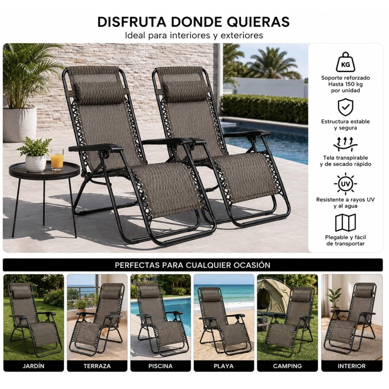 PACK 2 REPOSERAS ZERO GRAVITY PLEGABLES RECLINABLES REFORZADAS TERRAZA PLAYA CAMPING - 6