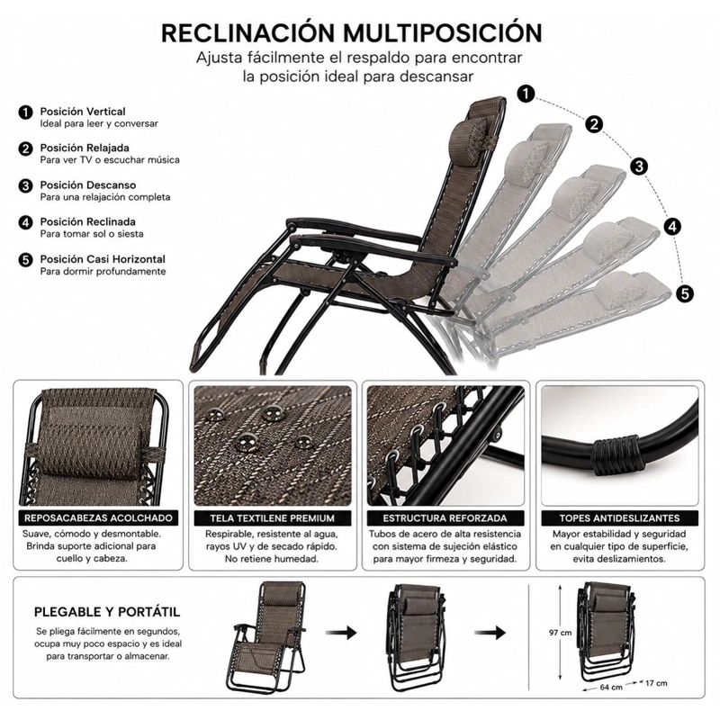 PACK 2 REPOSERAS ZERO GRAVITY PLEGABLES RECLINABLES REFORZADAS TERRAZA PLAYA CAMPING - 7
