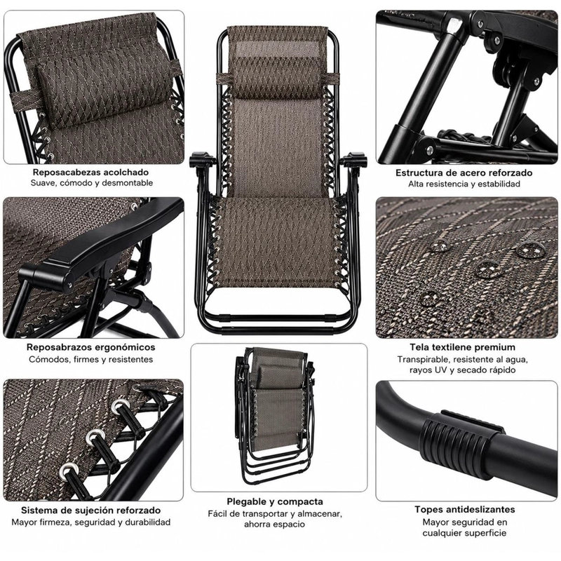 PACK 2 REPOSERAS ZERO GRAVITY PLEGABLES RECLINABLES REFORZADAS TERRAZA PLAYA CAMPING - 8