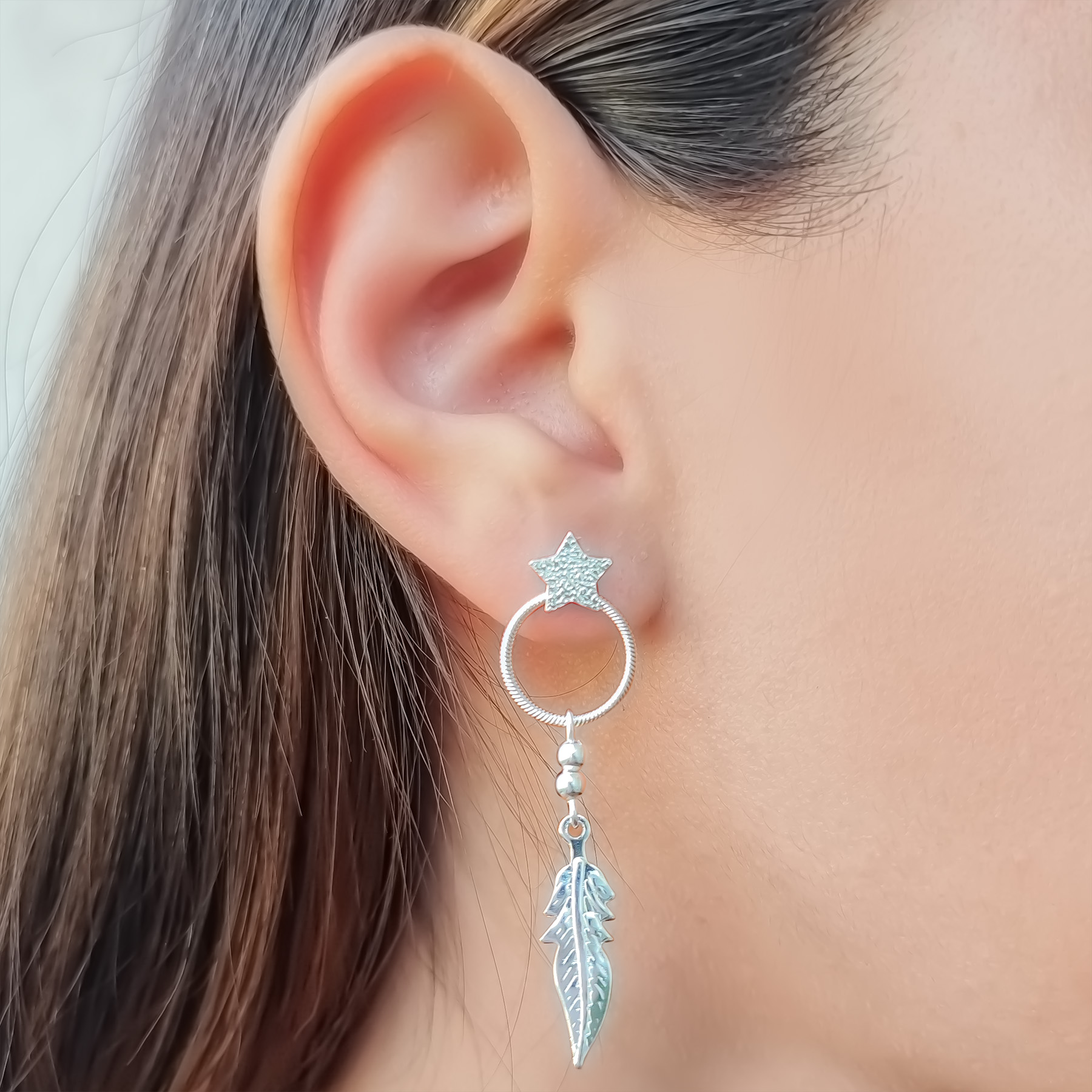 AROS ANDREA COGGIOLA JOYAS TOPE ESTRELLA CÍRCULO BOLITAS PLUMA PLATA FINA 925 - 2