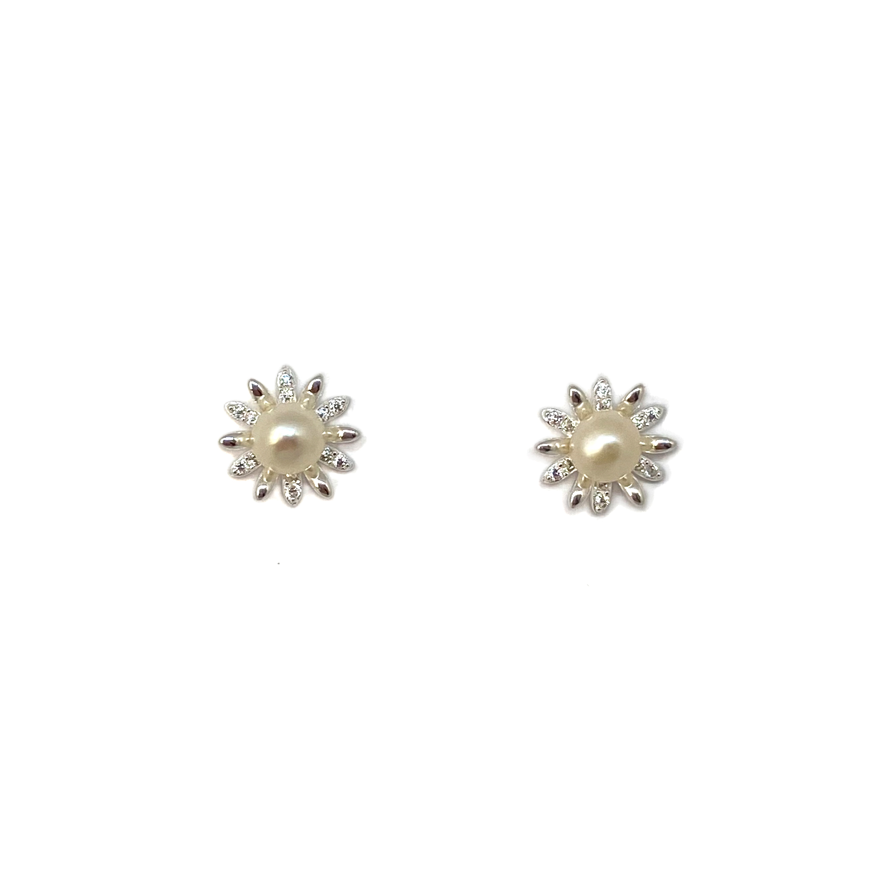 AROS FLOR MARGARITA PERLA DE RIO Y CIRCON PLATA FINA 925 - 1