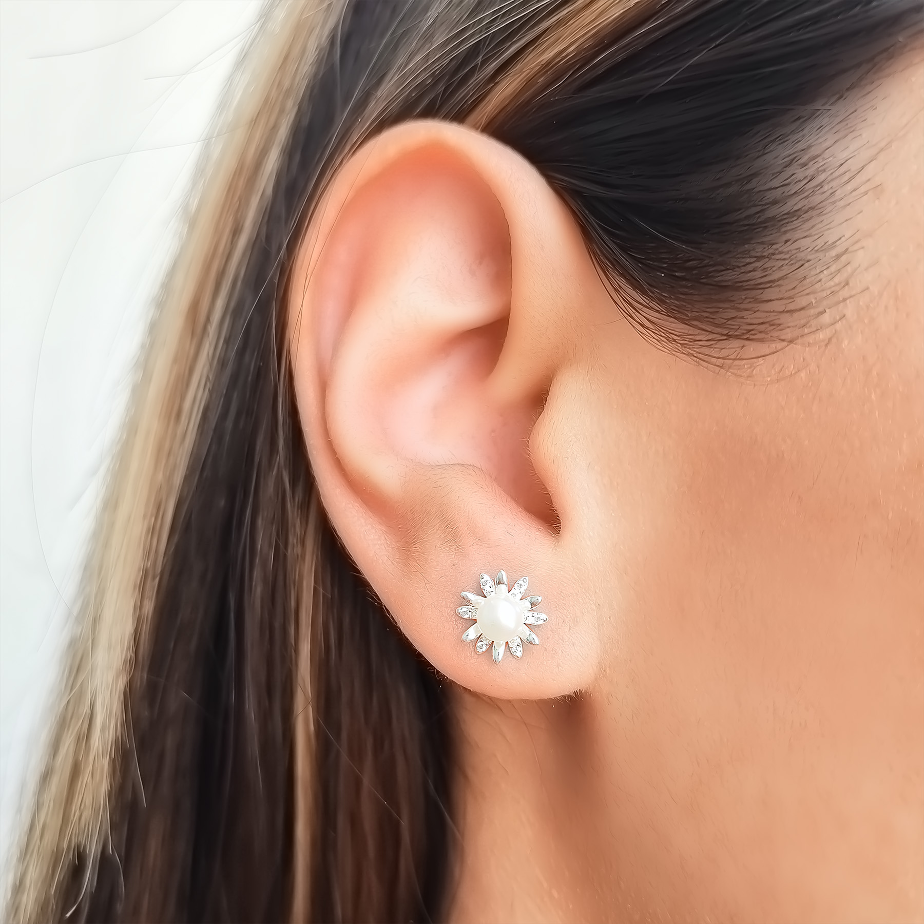 AROS FLOR MARGARITA PERLA DE RIO Y CIRCON PLATA FINA 925 - 3